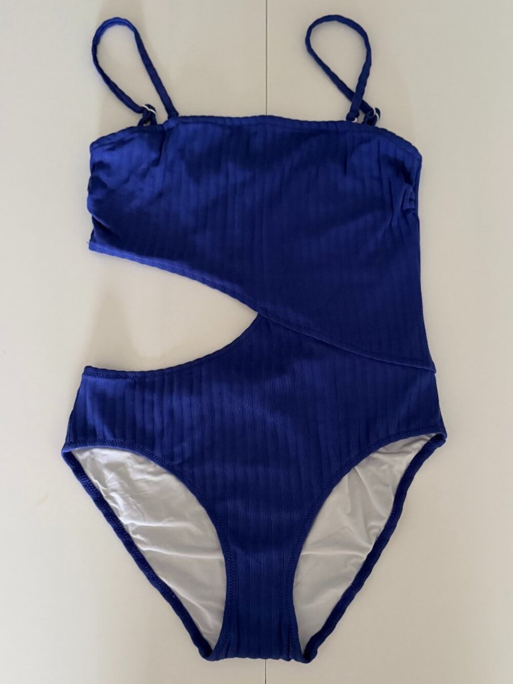 NWT Solid & Striped Cameron Cutout Ribbed 1 Piece Swimsuit Blue Asymmetric Sz L